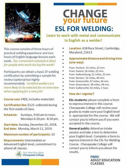 Chesapeake College to Offer a Welding Class for English Learners Students